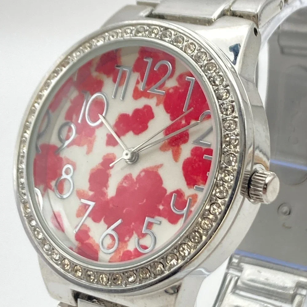 Modern Women's Watch 36mm Silver Tone Red Floral Dial Crystals New Battery 6.5
